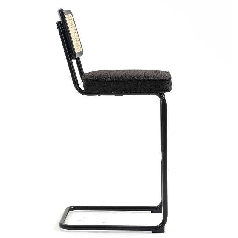 Set of 2 Ayo Black Fabric Bar Stool with Rattan Backrest and Black Steel Legs