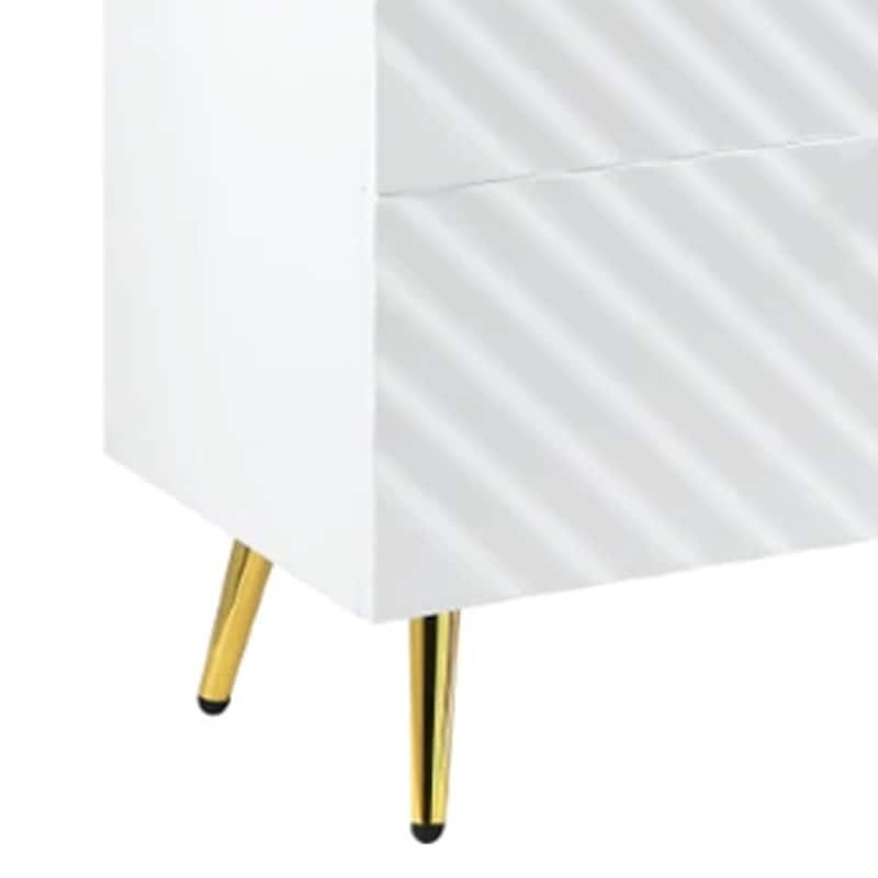 Tyra 55 Inch Wood Dresser, Wavy Textured Design, Gold Metal Legs, White