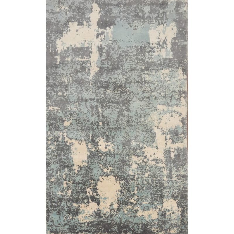 Hand Knotted Oriental Viscose Silk Carpet Modern Abstract Navy Blue & Blues Abstract Area Rug - 8' 1'' X 5' 1''