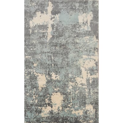 Hand Knotted Oriental Viscose Silk Carpet Modern Abstract Navy Blue & Blues Abstract Area Rug - 8' 1'' X 5' 1''