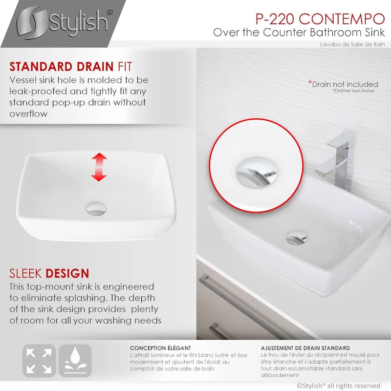 STYLISH 19 inch White Rectangular Porcelain Vessel Bathroom Sink - 19" x 13 3/8" x 5 3/4"