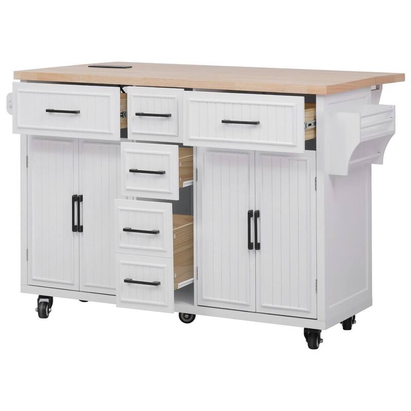 56.5" Kitchen Island with Drop Leaf and Charging Station, Rolling Kitchen Cart on Wheels with Drawers and Adjustable Shelves