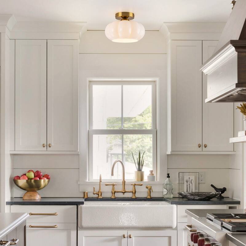 Contemporary 1-Light Dome Ceiling Light with Opal Glass Shape - Brass - 9.8" W × 6.5" H