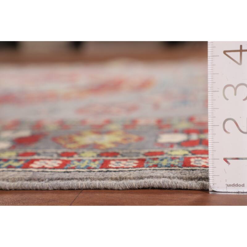 Gray Geometric Kazak Area Rug Living Room Handmade Wool Carpet - 5'7" x 7'3"