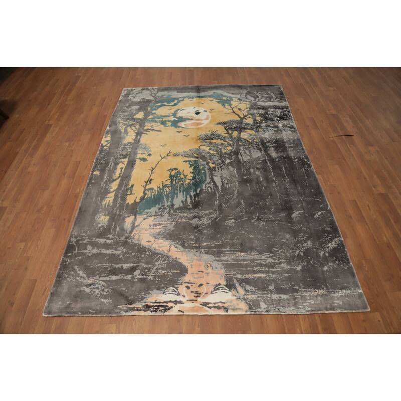 Hand Knotted Oriental Viscose Silk Carpet Modern Pictorial Greys & Charcoal Abstract Area Rug - 7' 9'' X 5' 6''