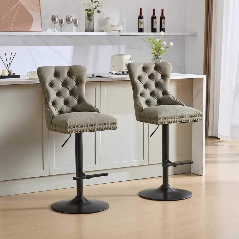 Roomfitters Adjustable Swivel Bar Stools Set of 2, Retro PU Leather Tufted Counter Chairs with Metal Base