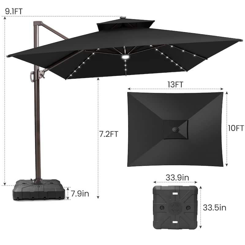 13 x 10 FT Outdoor Patio Cantilever LED Lighted Double Vented Umbrella with Base