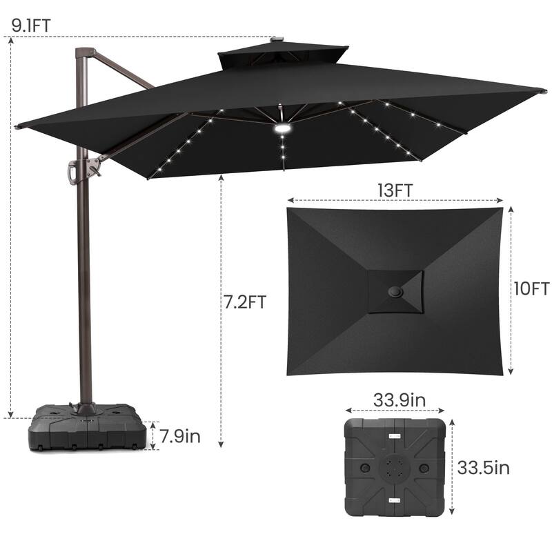 13 x 10ft Outdoor Aluminum Dual Top Patio Cantilever Umbrella LED Light with Weights Base