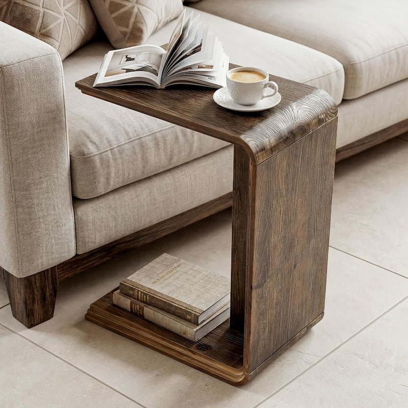 C-Shaped Solid Wood End Table for Living Room, Small Space, Easy Assembly - 1pc