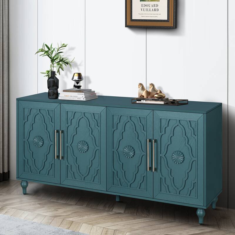 Storage Cabinet with Carved Flower Doors, Sideboard Cabinet with Metal Handle, Accent Cabinet with Adjustable Shelves