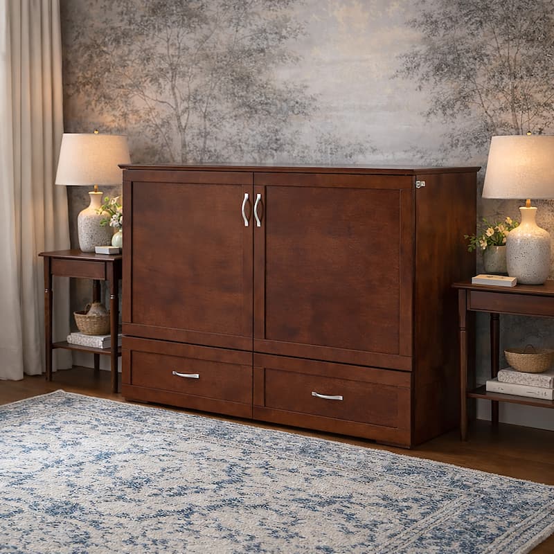 Hamilton Queen Murphy Bed Chest with 6" Mattress, Storage Drawer & Built-In Charger in Walnut