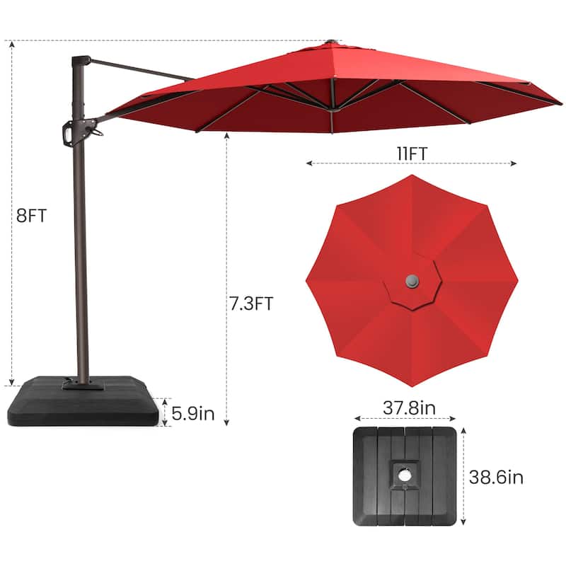 11 Ft Outdoor Patio Cantilever 360 Degree Rotation Offset Umbrella with 4-Piece Fillable Weighted Base