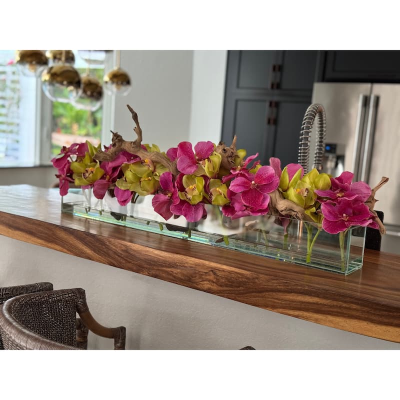 Casa Moderna Glass Planter With Pink Vandas And Green Cymbidiums