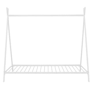 Twin House Bed for Kids, Metal Tent Bed Frame Floor Play House Bed with Slat for Girls Boys , No Box Spring Needed,White