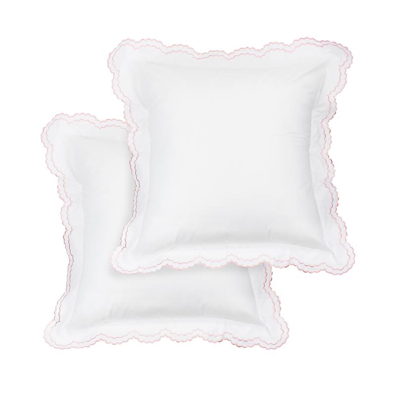 Percale Double Scalloped Embroidered Pillowcase and Sham Cover Set - Rose - Euro Square