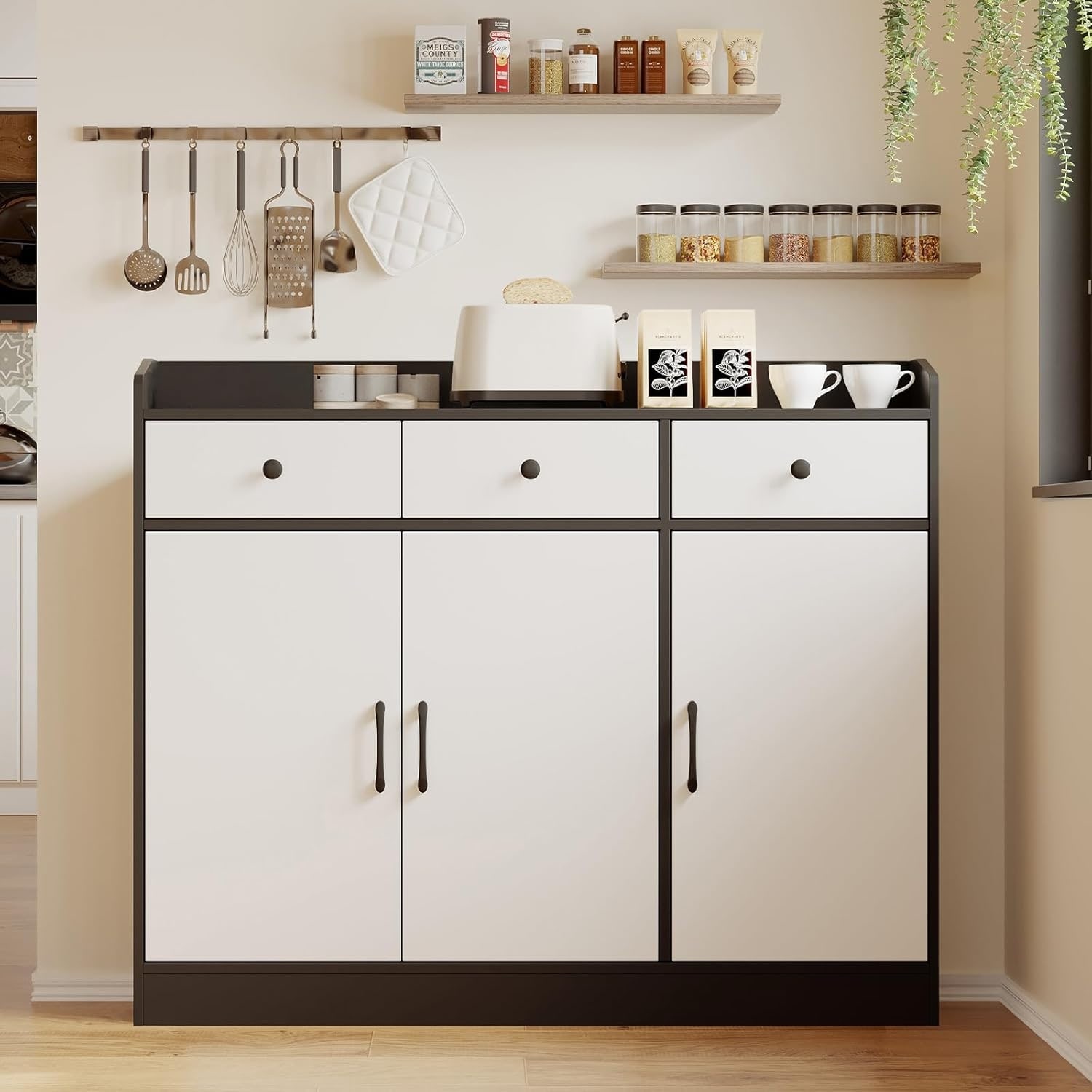 42.5" Black & White Sideboard Buffet w/ Adjustable Shelves
