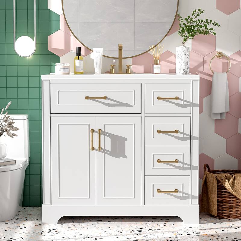Bathroom Vanity with Ceramic Sink, Bathroom Vanities with Adjustable Shelf, Storage Cabinet with Soft-Close Doors and Drawers