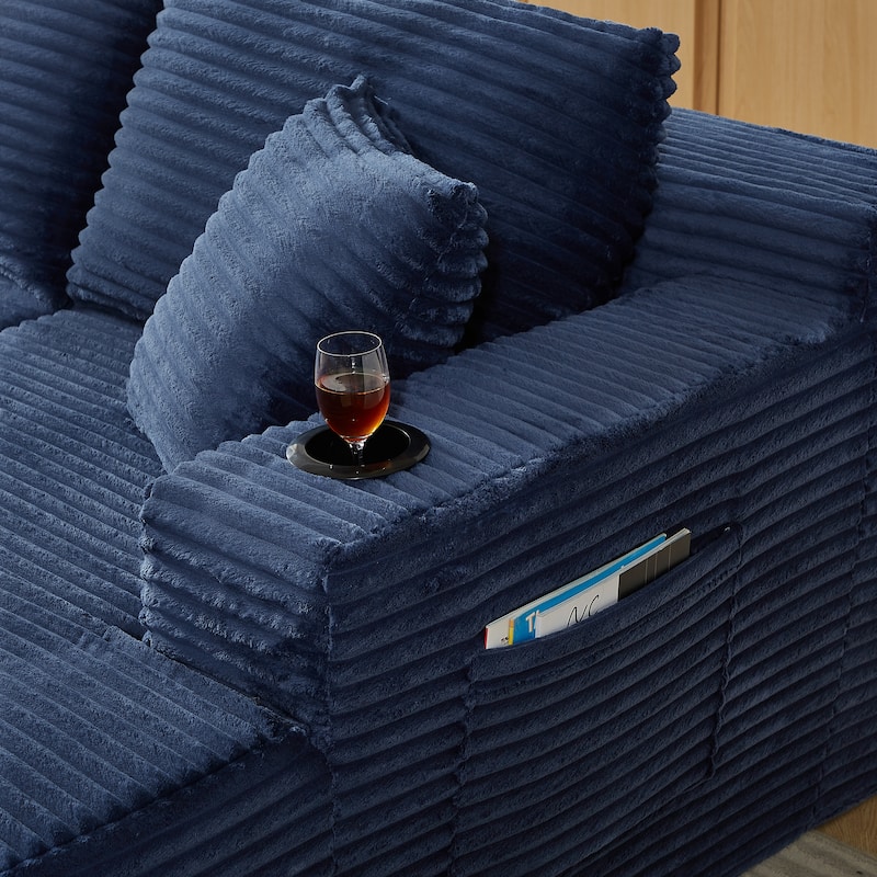 Minimalist Modular Lounge Couch U-shaped Sectional Sofa with Chaise, Corduroy Sleeper Sofa Bed with Side Pockets and Cup Holders