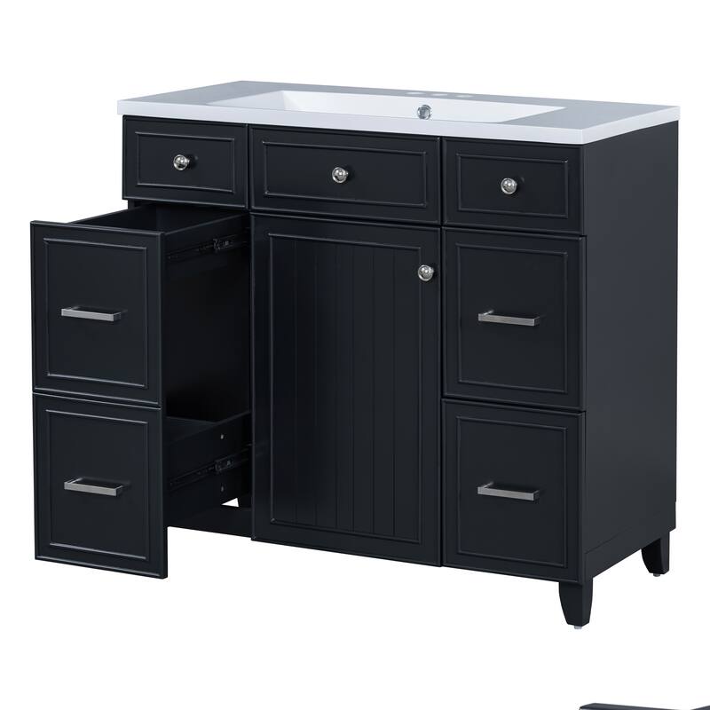36" Black Bathroom Vanity Cabinet with Single Sink, Soft-Close Door, 3 Drawers, Waterproof Resin Sink