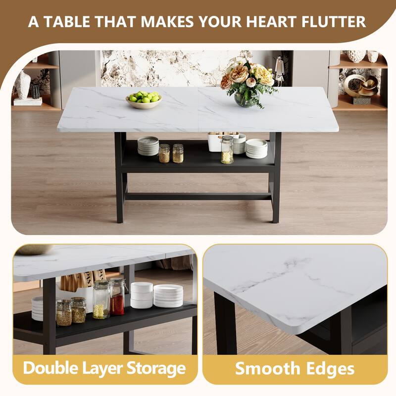 7-Piece Modern Dining Table Set, 71x35.4 Inch Wood Grain Table & 6 High-Resilience Fabric Chairs