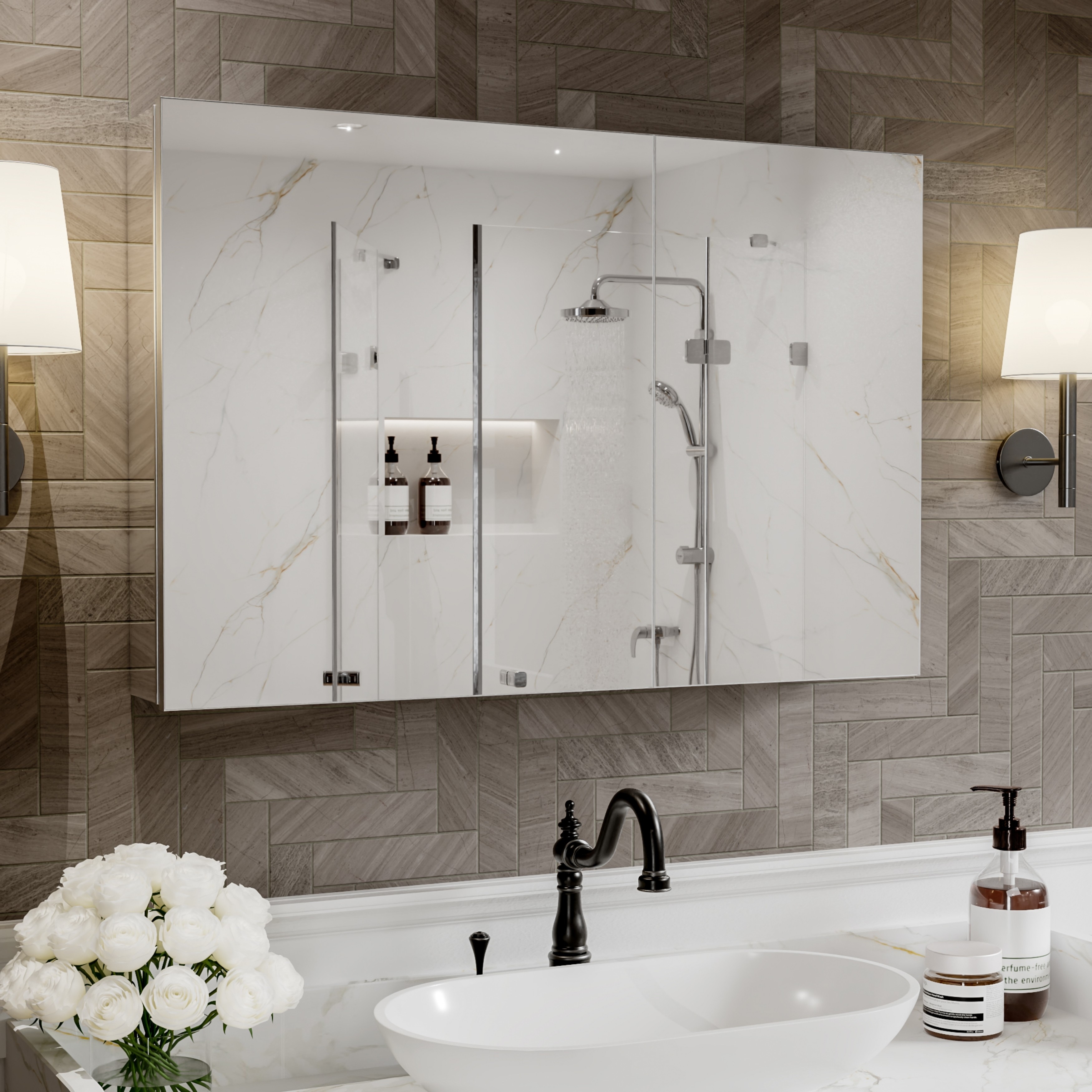 Modland 30"-36"W x 24"H Aluminum Double Door Bathroom Medicine Cabinet with Mirror,Soft-Close Hinges