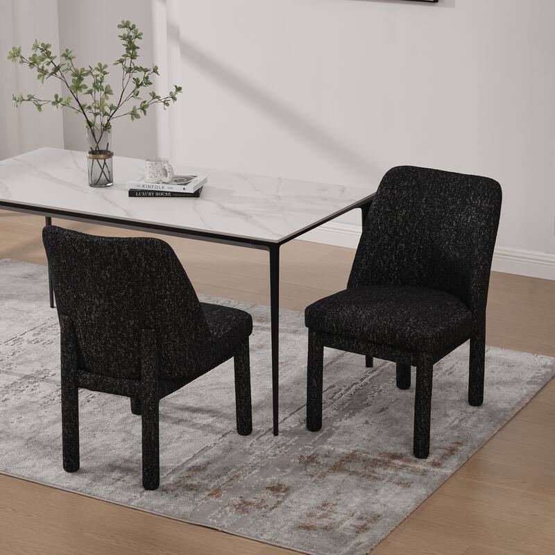 Chenille Upholstered Dining Chair Set of 2, Kitchen Side Chairs with Curved Backrest, Accent Chair with Rubberwood Legs - Black+Grey