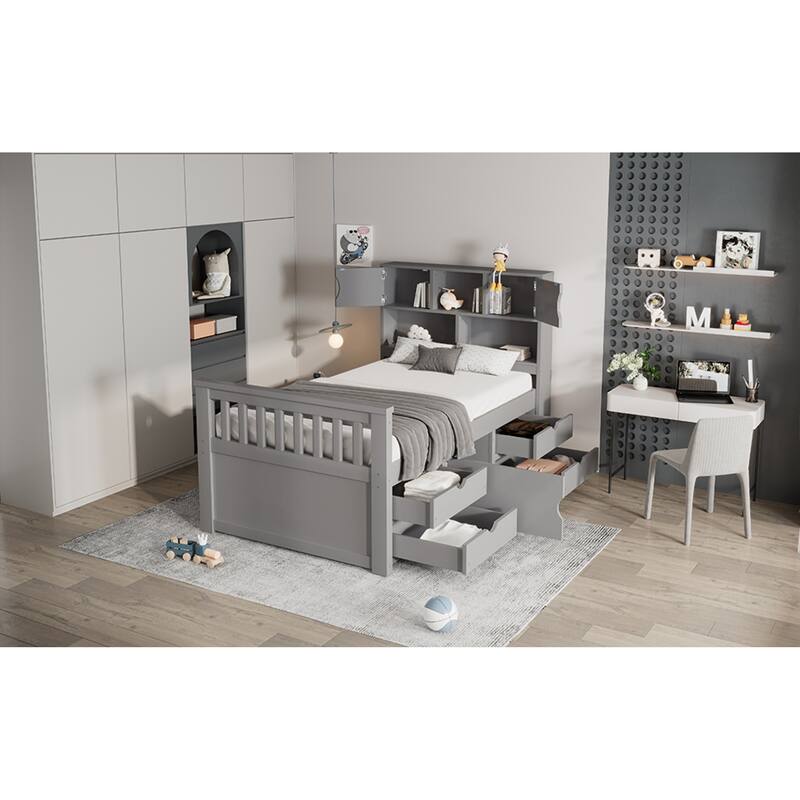 Roomfitters Twin Captain Platform Bed with Bookshelf Headboard and 4 Drawers