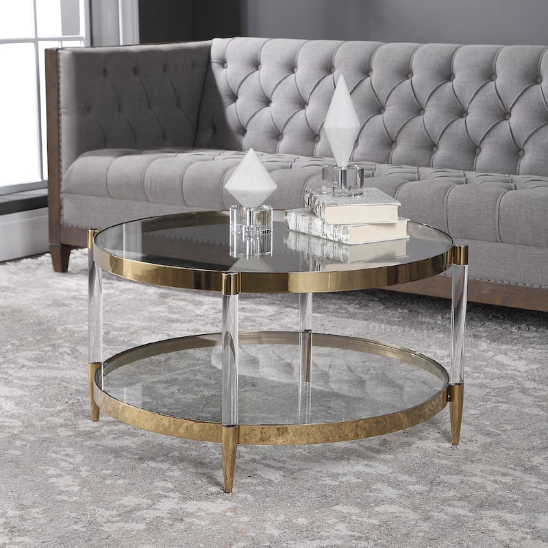 32" gold glam circular coffee table with two mirrored sections