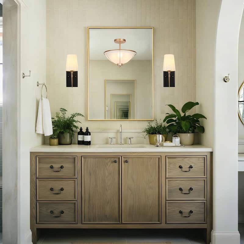 Modern Rustic Black Gold 1-Light Wall Sconces Fabric Flared Shade Bathroom Vanity Lights - 4.7" L x 6" W x 12.5" H