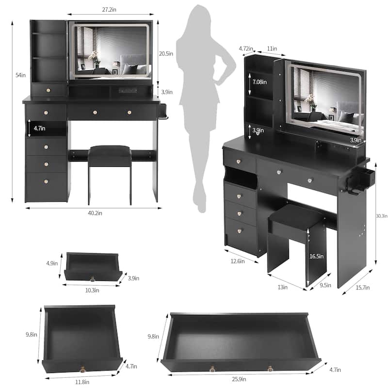Makeup Vanity with Lighted Mirror, 41" Dressing Table with Charging Station, Cushioned Stool & Storage Drawer