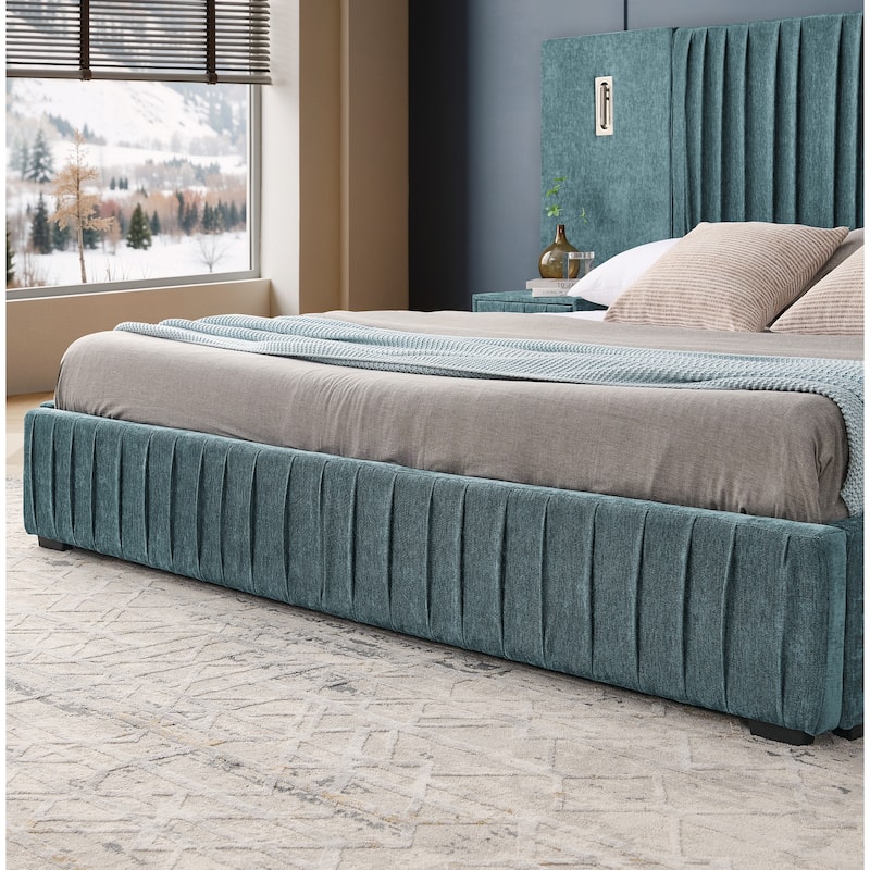 King Size Upholstered Bed Frame with Chenille fabric with pleated design,Grounded King Size Platform Bed