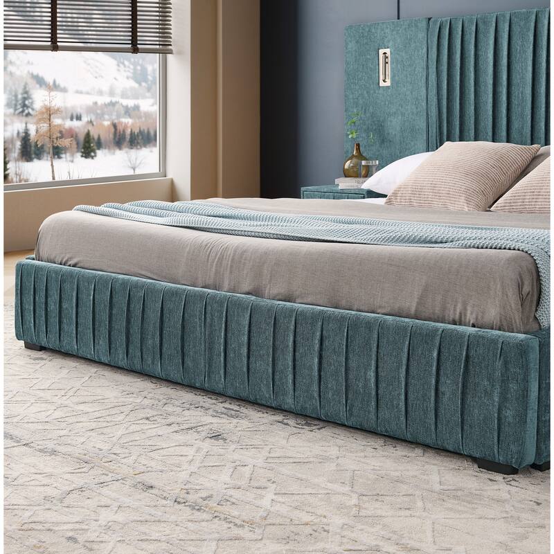 Pleating Upholstered Bed Platform Bed Frame with Enlarged Widened Headboard and Integrated Bedside Table Adjustable Bedside Lamp