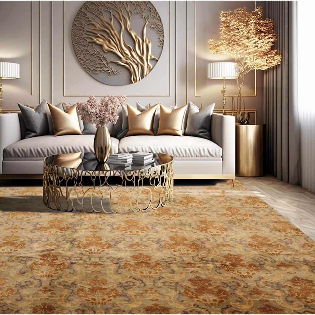 Hand Knotted Kalaty Damask Tan Wool Transitional Oriental Area Rug - 9' x 12'