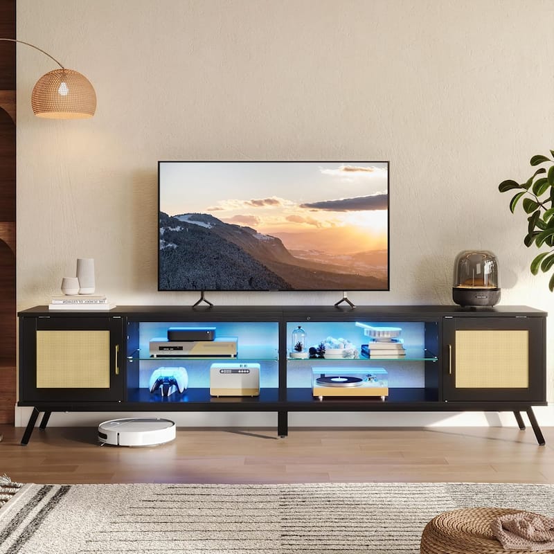 80'' Rattan Black TV Stand for TVs up to 85", Boho LED TV Console with Adjustable Shelves and doors