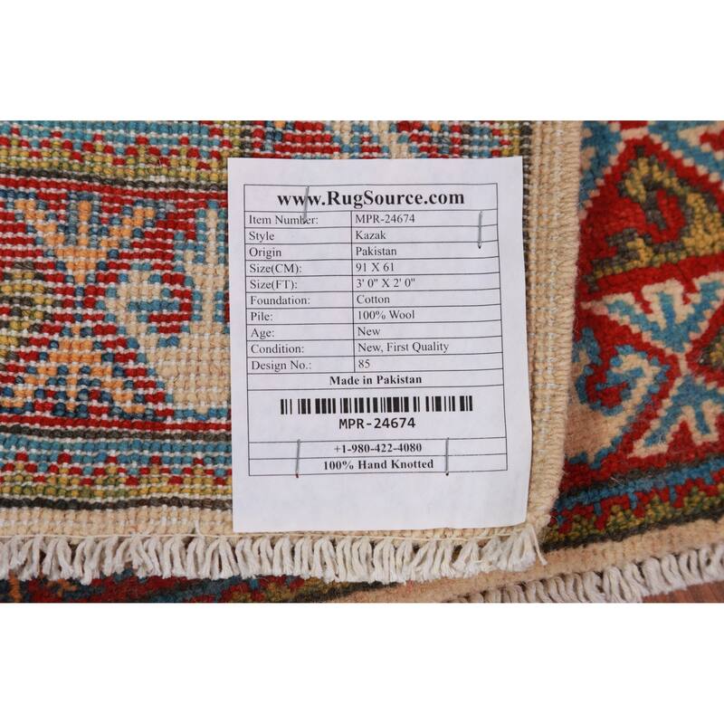 Geometric Kazak Oriental Rug Handmade Beige Wool Carpet - 2'0"x 3'0"