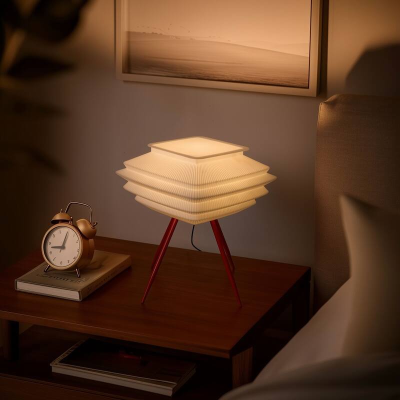 Sleek 3D Printed Table Lamp with Modern Pleated Shade & Red Tripod Base