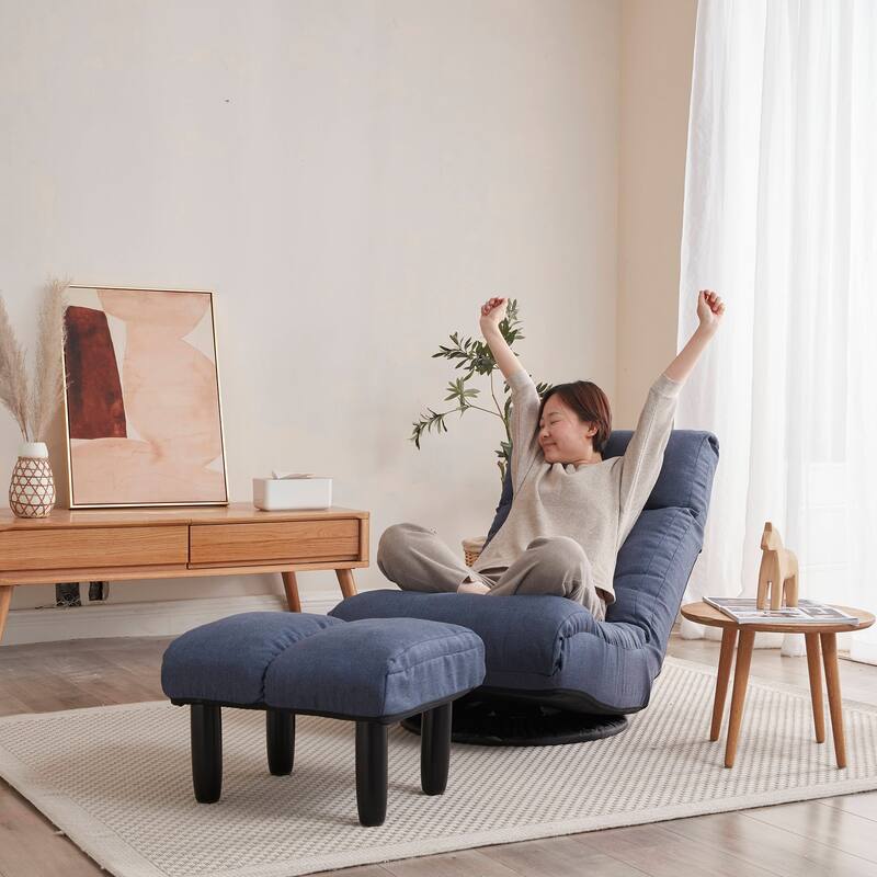 Upholstered Armless Recliner Set with Ottoman and Adjustable Headrest - Navy