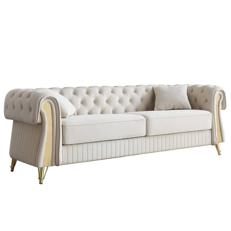 Living Room Chesterfield Velvet Sofa with Button Tufted Backrest, Vertical Stripe Design and Golden Metal Decorative