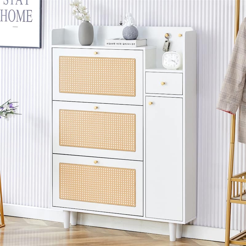 Modern Wood Minimalist Rattan Shoe Cabinet with Legs