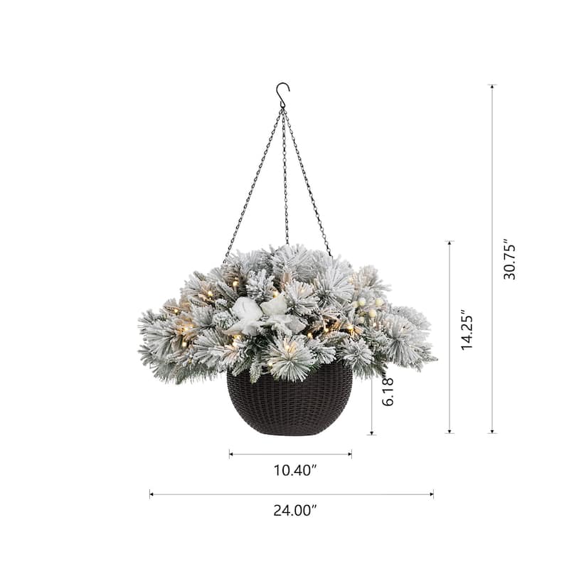 Glitzhome 2PK Pre-Lit Flocked Christmas Artificial Floral Hanging Baskets with Timer