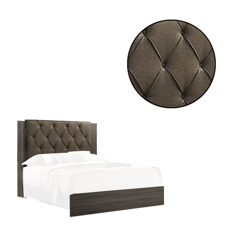 Wooden California king Bed with Button Tufted Headboard, Gray and Brown
