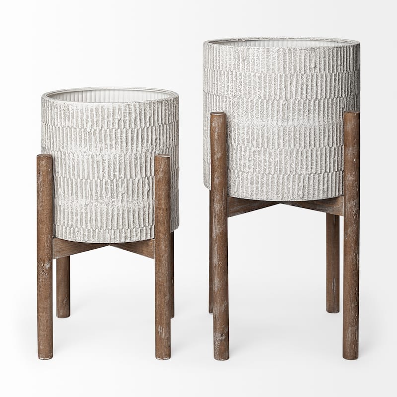 Groot Off-White Metal w/Brown Solid Wood Base Plant Stands (Set of 2)