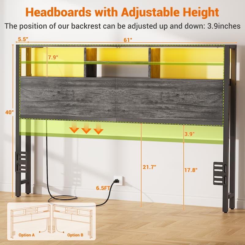 Headboard with Storage and Charge Station, Platform Bed Heaboard with LED Lights