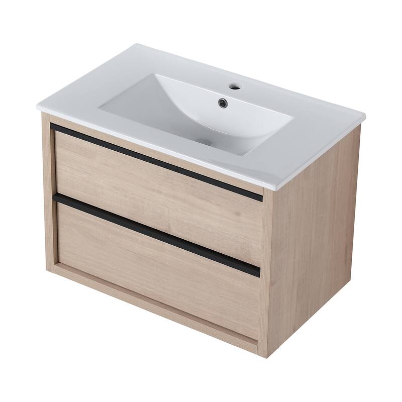Wall-Mounted Plywood Bathroom Vanity Set in Plain Light Oak with Integrated Sink