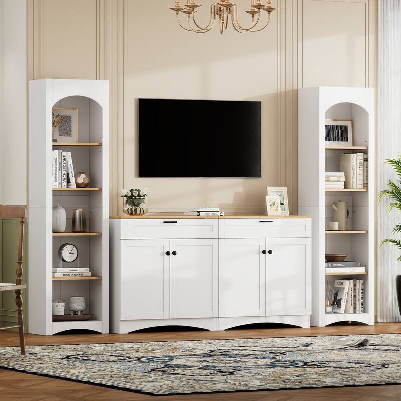 Large TV Stand Display Cabinet Set for TVs Up to 70", Wood Media Console Table Entertainment Center with Cabinet, 2 Drawers - White