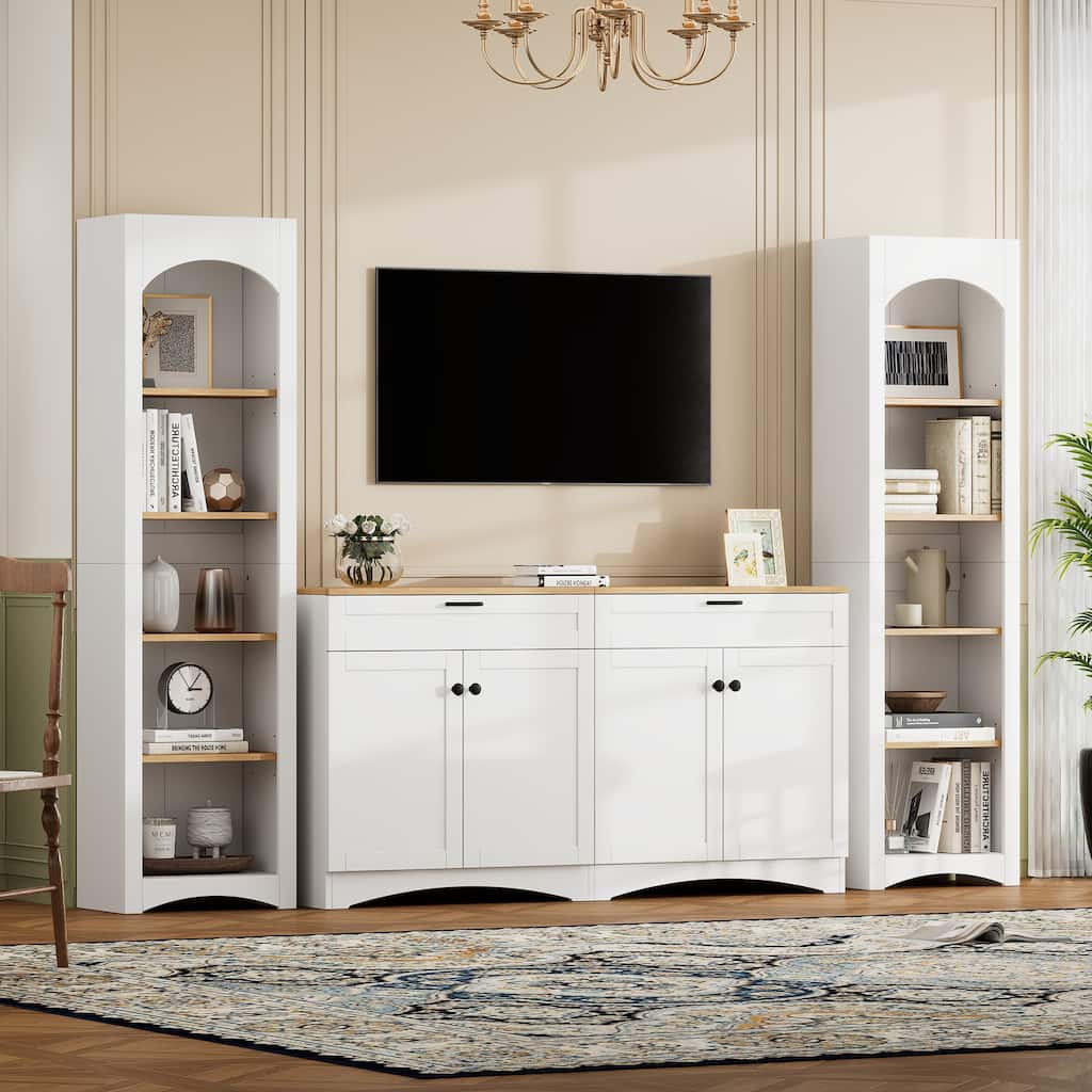 Large TV Stand Display Cabinet Set for TVs Up to 70", Wood Media Console Table Entertainment Center with Cabinet, 2 Drawers