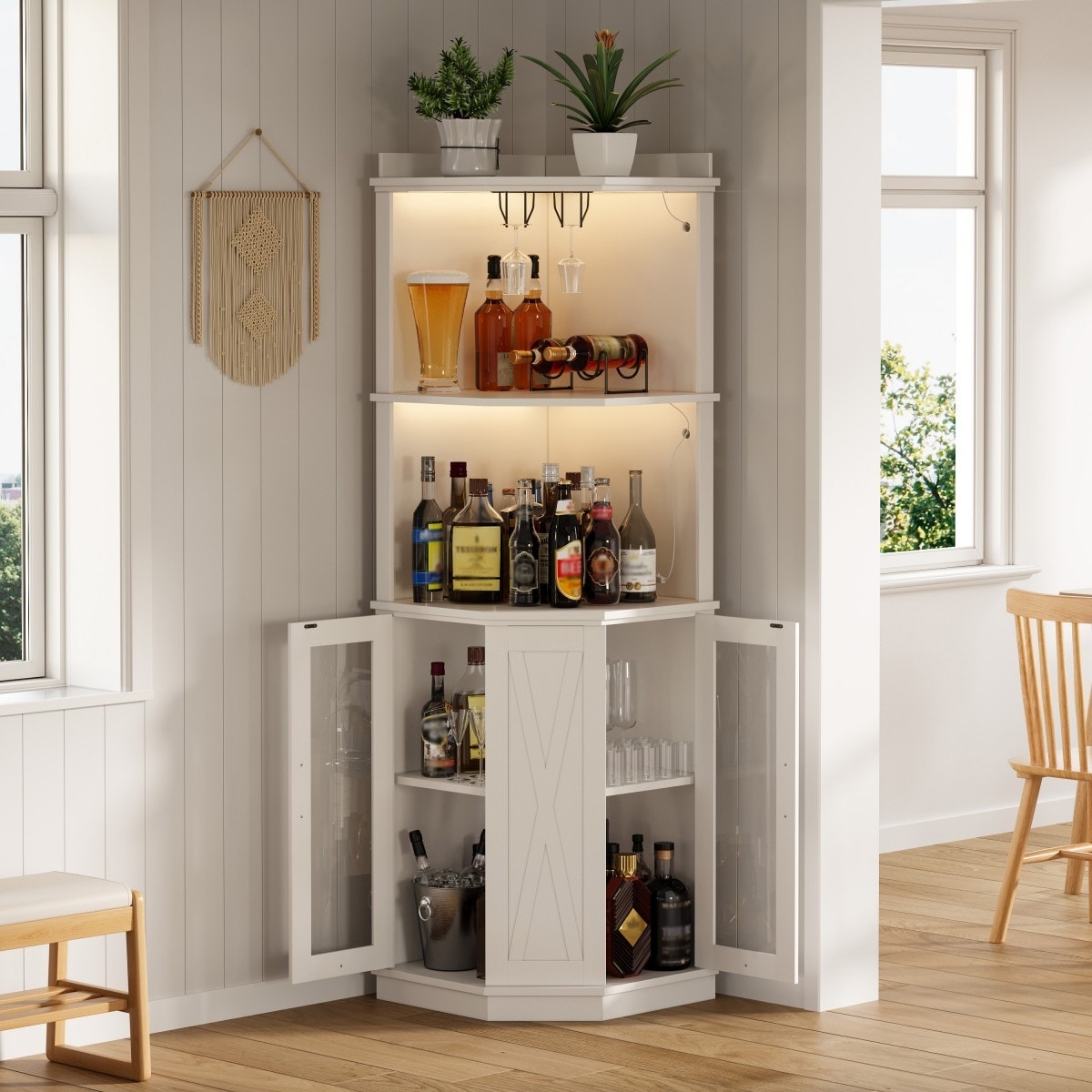 67.3" Farmhouse Bar Cabinet with Power Outlet, LED Strips and Glass Rack