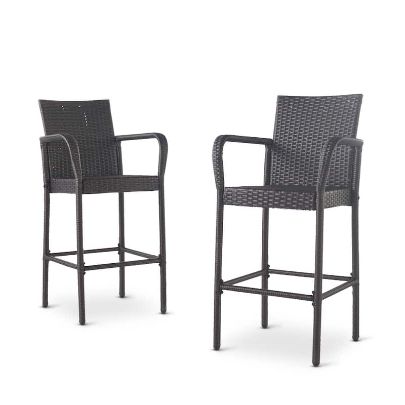 Outdoor Barstool Chair Set of 2, Gray PE Rattan Woven, Iron Frame