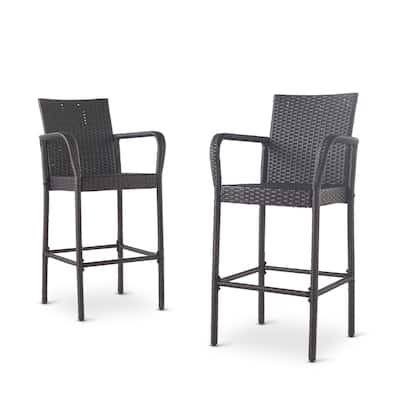 Outdoor Barstool Chair Set of 2, Gray PE Rattan Woven, Iron Frame