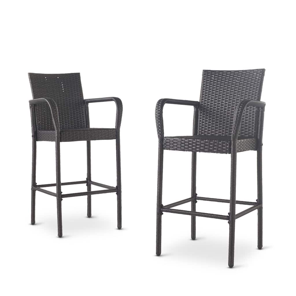 Outdoor Barstool Chair Set of 2, Gray PE Rattan Woven, Iron Frame